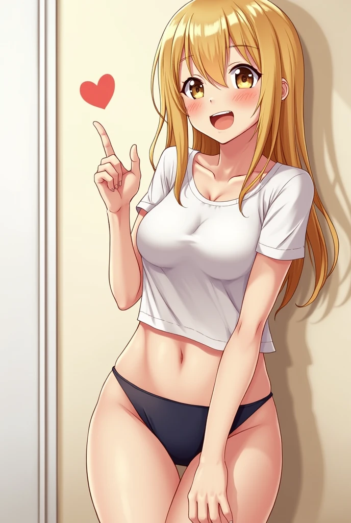 (detailed) (high quality) (High resolution) (Anime Style) age Girl, Blonde, young, bold, sexy, Wear a shirt, No pants, No pants, Excited, teasing, teasing a teen innocent boy, shy, Excited, Junior, Bulging penis, shy, blush, Excited, NSFW