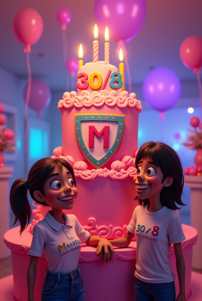 An abstract animation with a pink birthday cake with a shield of the letters M.M.g.B as the main decoration !! On top of the cake in different letters " Happy birthday Marcia Monteiro" Following the date 30\08. The cake is in a lit room. With a birthday girl in front of the table with the name Márcia written on her blouse, accompanied by a boy next to him with the name Pedro Mawete on his shirt, with conflict for the room.