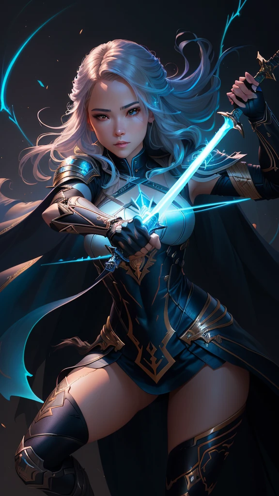 a woman with a sword in her hand and a glowing sword in her hand, graphic artist magali villeneuve, rossdraws volumetric lighting, she is holding a sword, extremely detailed artgerm, female lightning genasi, rossdraws digital painting, rossdraws 1. 0, style of raymond swanland, artgerm detailed, magali villeneuve'