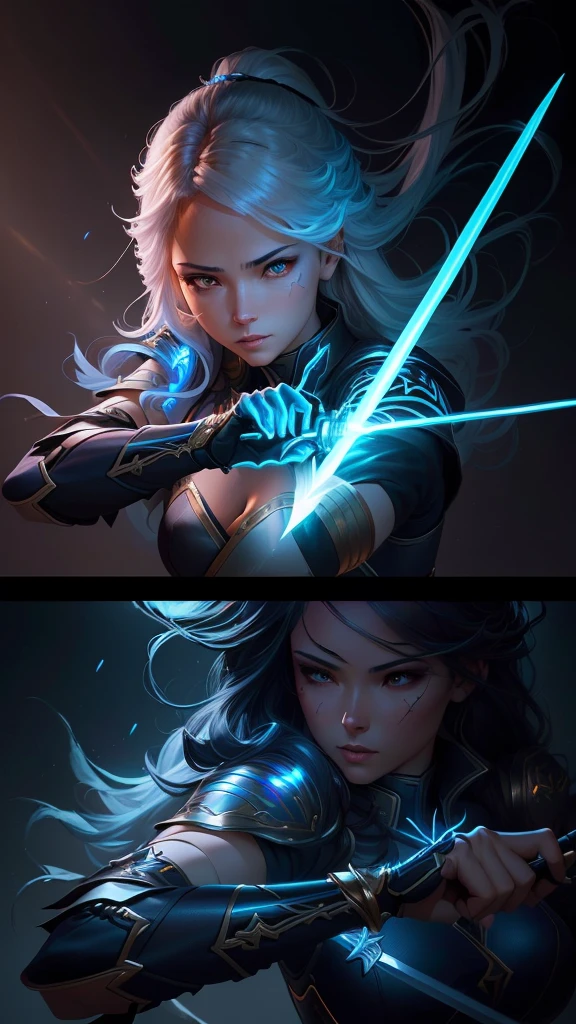 a woman with a sword in her hand and a glowing sword in her hand, graphic artist magali villeneuve, rossdraws volumetric lighting, she is holding a sword, extremely detailed artgerm, female lightning genasi, rossdraws digital painting, rossdraws 1. 0, style of raymond swanland, artgerm detailed, magali villeneuve'