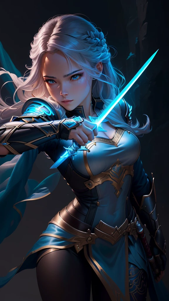 a woman with a sword in her hand and a glowing sword in her hand, graphic artist magali villeneuve, rossdraws volumetric lighting, she is holding a sword, extremely detailed artgerm, female lightning genasi, rossdraws digital painting, rossdraws 1. 0, style of raymond swanland, artgerm detailed, magali villeneuve'