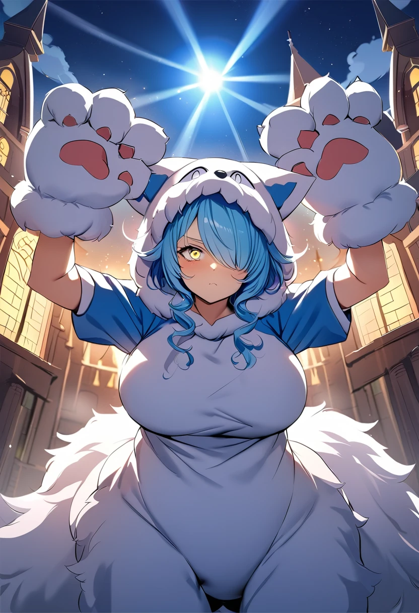 ((best quality, high-quality)), In anime style, ((Wolf Kemomimi Girl)), Solo, ((Big breasts)), ((Mizuiro Hair Berry Berry Short,Blue inner color)), (((Hair over one eye))), (((Yellow and Blue Odd-Eye:1.5))), plump shiny lips, Beautiful clear eyes, Spoken Heart,(((Fluffy, Big Hand Wolf Costume:1.5))), embarrassed, (dynamicposes:1.4), (((Show me your paws, Gao's Pose:1.5))), (Suspicious light, rays of moonlight:1.4), (Moon and castle background), (Blue Full Moon:1.2), Fantasy Worldwide, high-angle shot, masutepiece,Best Quality,ultra-detailliert, ​masterpiece,