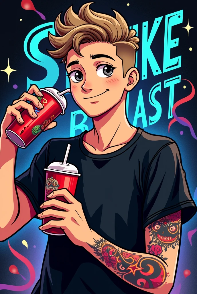Create an image for stream anal with minimum dimensions of 128x128px and maximum of 3000x3000px that is cartoon style and has the word StrikeBlast written on it., with a dark but striking background but with a cartoonish teenage white man (Without beard) and fun, with black shirt, Light brown hair, slightly curly and shaved on the sides, with only a tattoo of a Tengu mask on his forearm, while having a soft drink