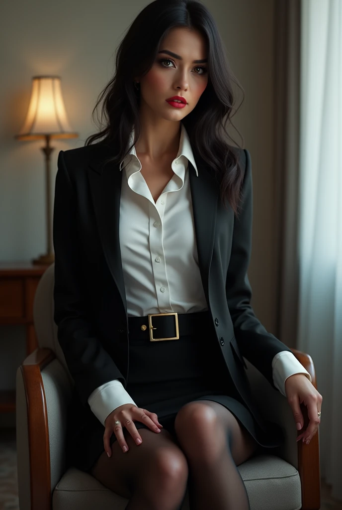 (beautiful)+(attractive:0.9)+(sensual:1)) 20 years women ((nerd:0.9)+(lovely)+(clean skin)) with hazel eyes and red lips. masterpiece, top quality, best quality, official art, beautiful and aesthetic:1.2),Long perfect legs, long slender legs ((masturbation, masturbation)))), ((office lady, black recruit suit, white shirt, black tight skirt, black stockings, high heels)), (sitting in a chair, sitting on legs bending at the knees, zoom camera in the crotch, angle from below), (unbuttoned shirt: 1.1), looking to the side, very angry, blushing, distressed, glaring, (sexual arousal: 1.5, pubic hair, lower abdomen bristles), NSFW, 8k, RAW photography, masterpiece, absurdity, top quality, high resolution: 1.1, ultra-detail, hyper-realistic: 1.4, realistic, photorealistic: 1.3, cinema lights, film grain, close-up, full body, depth of field, eye focus, young, 85mm lens, f/1.4, professional lighting, portrait, Photon mapping, radiosity, physically based rendering, transparency, soft light, realistic face, realistic body, realistic skin, clean: 1.8, black hair, breasts: 1.2, 75B size, blusher, good style, (very dark lip gloss, bright red lipstick, so many eyelashes, pitch black eyeshadow), Camel toe, long legs, PureErosFace_V1: 0.8, dynamic pose Stockings belt , long legs , slender proportional gorgeus ass , 4k UHD, nffsw, masutepiece, ccurate, Anatomically correct, Textured skin, Super Detail, high details, High quality, awardwinning, Best Quality, hight resolution, 8K , stockings