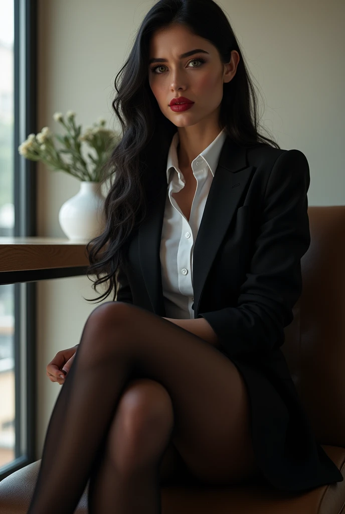 (beautiful)+(attractive:0.9)+(sensual:1)) 20 years women ((nerd:0.9)+(lovely)+(clean skin)) with hazel eyes and red lips. masterpiece, top quality, best quality, official art, beautiful and aesthetic:1.2),Long perfect legs, long slender legs ((masturbation, masturbation)))), ((office lady, black recruit suit, white shirt, black tight skirt, black stockings, high heels)), (sitting in a chair, sitting on legs bending at the knees, zoom camera in the crotch, angle from below), (unbuttoned shirt: 1.1), looking to the side, very angry, blushing, distressed, glaring, (sexual arousal: 1.5, pubic hair, lower abdomen bristles), NSFW, 8k, RAW photography, masterpiece, absurdity, top quality, high resolution: 1.1, ultra-detail, hyper-realistic: 1.4, realistic, photorealistic: 1.3, cinema lights, film grain, close-up, full body, depth of field, eye focus, young, 85mm lens, f/1.4, professional lighting, portrait, Photon mapping, radiosity, physically based rendering, transparency, soft light, realistic face, realistic body, realistic skin, clean: 1.8, black hair, breasts: 1.2, 75B size, blusher, good style, (very dark lip gloss, bright red lipstick, so many eyelashes, pitch black eyeshadow), Camel toe, long legs, PureErosFace_V1: 0.8, dynamic pose Stockings belt , long legs , slender proportional gorgeus ass , 4k UHD, nffsw, masutepiece, ccurate, Anatomically correct, Textured skin, Super Detail, high details, High quality, awardwinning, Best Quality, hight resolution, 8K , stockings