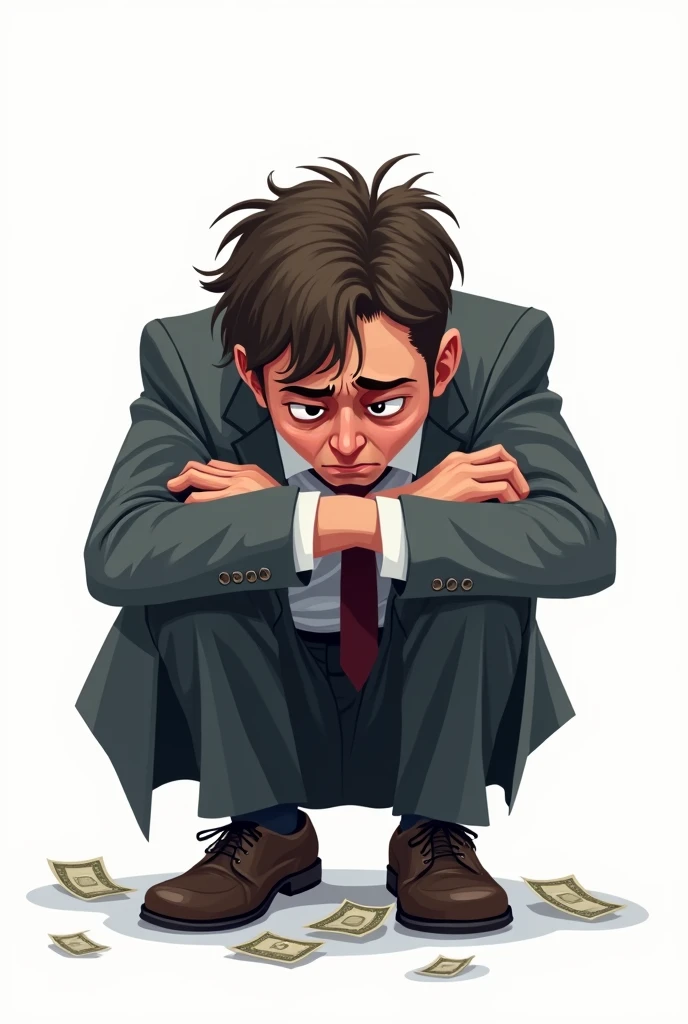 man in suit repentant in the face of a financial crisis with a messy suit, depressed and clutching his knees, crouched ,all with white background, They will be 2D drawings