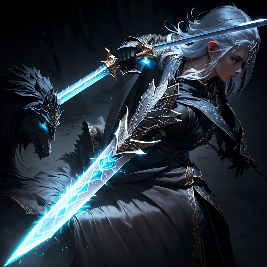 a close up of a sword with a glowing blade on a black background, shinning sword, epic fantasy weapon art, magical sword, beautiful sword, fantasy sword, fantasy weapon, magic artifacs and magic weapons, glowing sword, fantasy rpg weapon art, fantasy sword of warrior, fantasy blade, silver sword, intricate fantasy spear, shining sword, magic sword