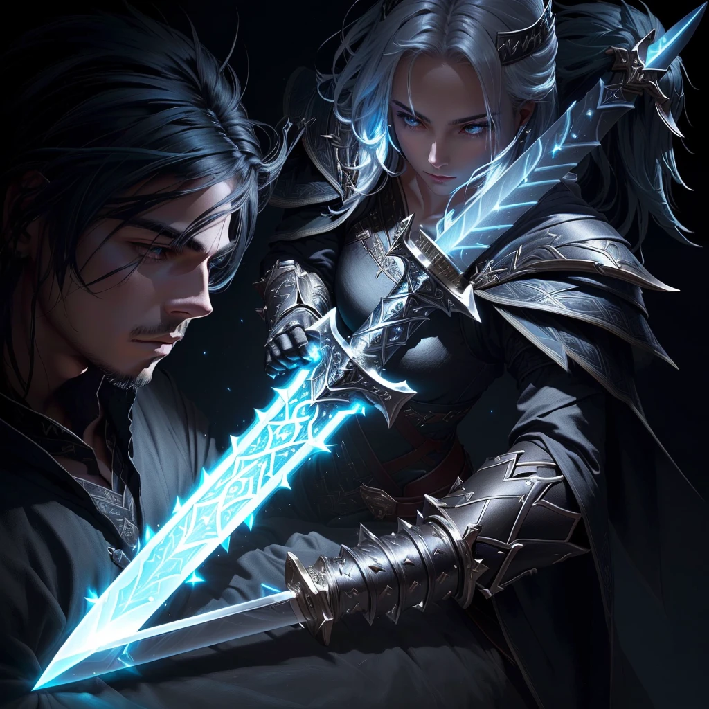 a close up of a sword with a glowing blade on a black background, shinning sword, epic fantasy weapon art, magical sword, beautiful sword, fantasy sword, fantasy weapon, magic artifacs and magic weapons, glowing sword, fantasy rpg weapon art, fantasy sword of warrior, fantasy blade, silver sword, intricate fantasy spear, shining sword, magic sword