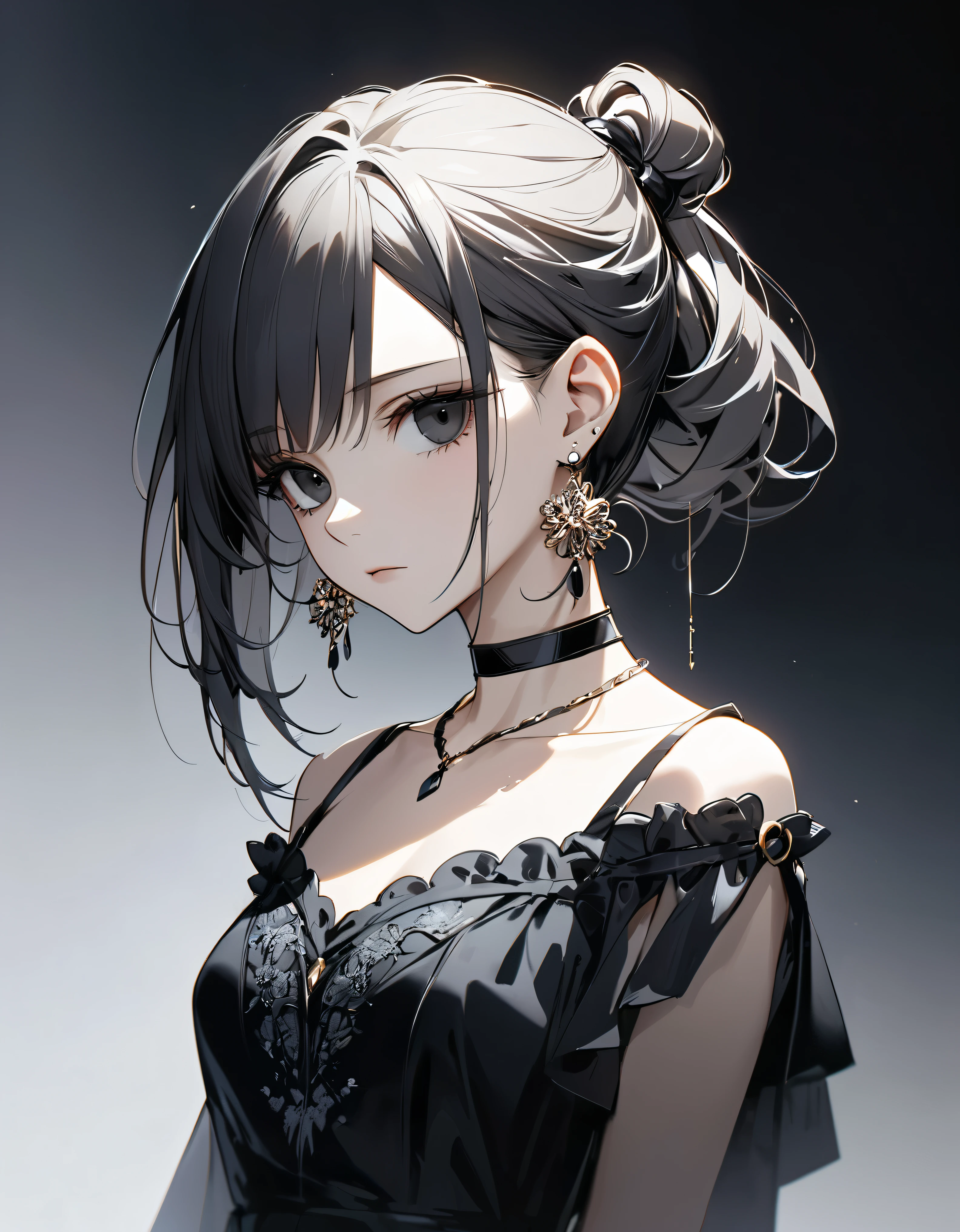 best quality, beautiful, hair tie, 8K, expressionless, side body, head tilt look view, black eyes, slim, dress, earrings, choker, concept