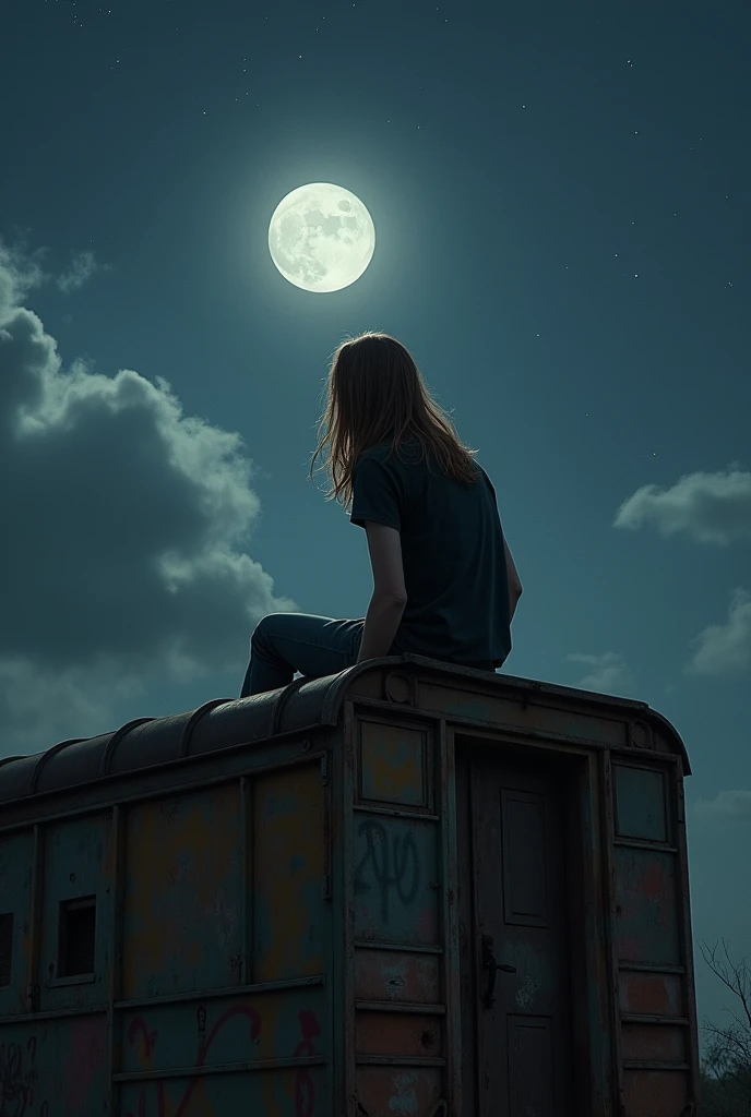 sad tall male teenager with details tall hair long brown hair black shirt short sleeve sitting on top of an old train at night best quality