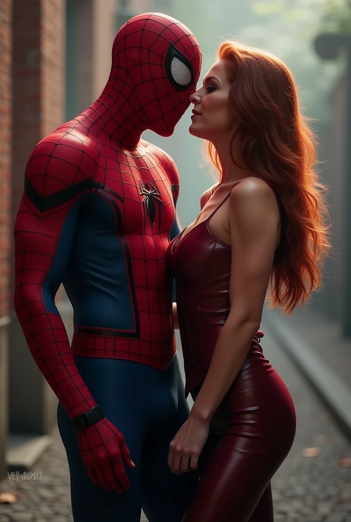 Spiderman is inserting his fingers in Mary Jane Watson’s vagina under her skirt, he is fingering her, she is in ecstasy, 