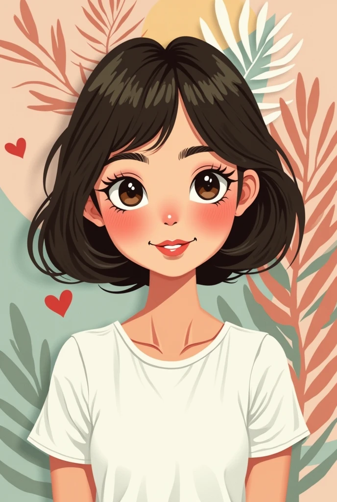 Paper cutout art
.portrait. looking at the camera. woman. young adult. small face. smalleyes. brown eyes. small nose. full lips. bun. smile. white t-shirt.vintage. bob.
