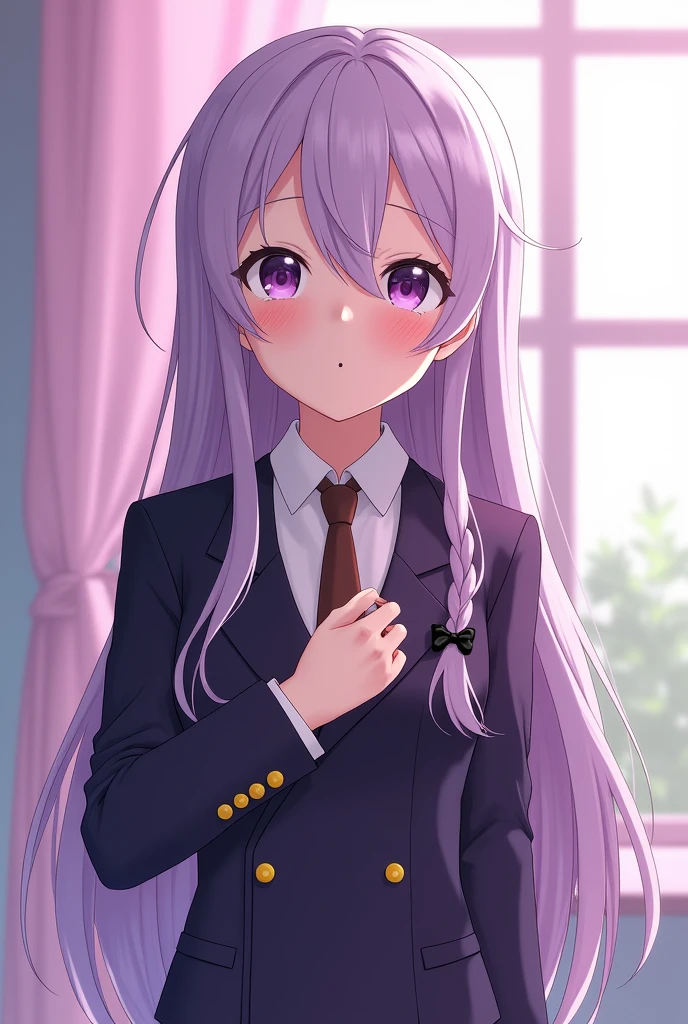 Shy blushing in shocked 18 years old Kyoko Kirigiri from Danganronpa because you said you love her. Kyoko is a relatively tall, pretty girl with purple eyes and a pale complexion. She wears her lavender hair down and with a braid on the side, tied with a black ribbon. Her outfit consists of a dark purple collared jacket over a white blouse and brown tie, along with a short skirt and heeled knee-high boots.