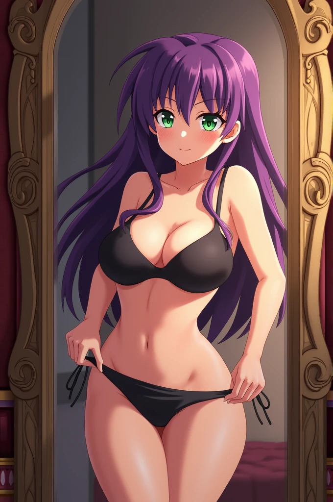 Hiro Segawa in underwear, about to tooking IT Off, Standing in Front of mirror in a living room, blushing, she has purpoe Hair, Green eyes, a seductive Look and has a thicc body