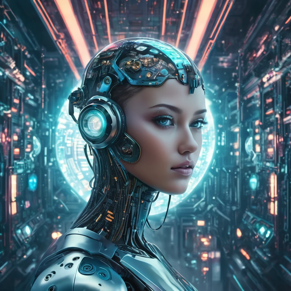 world of artificial intelligence, cyberpunk, in the center of the image, light background