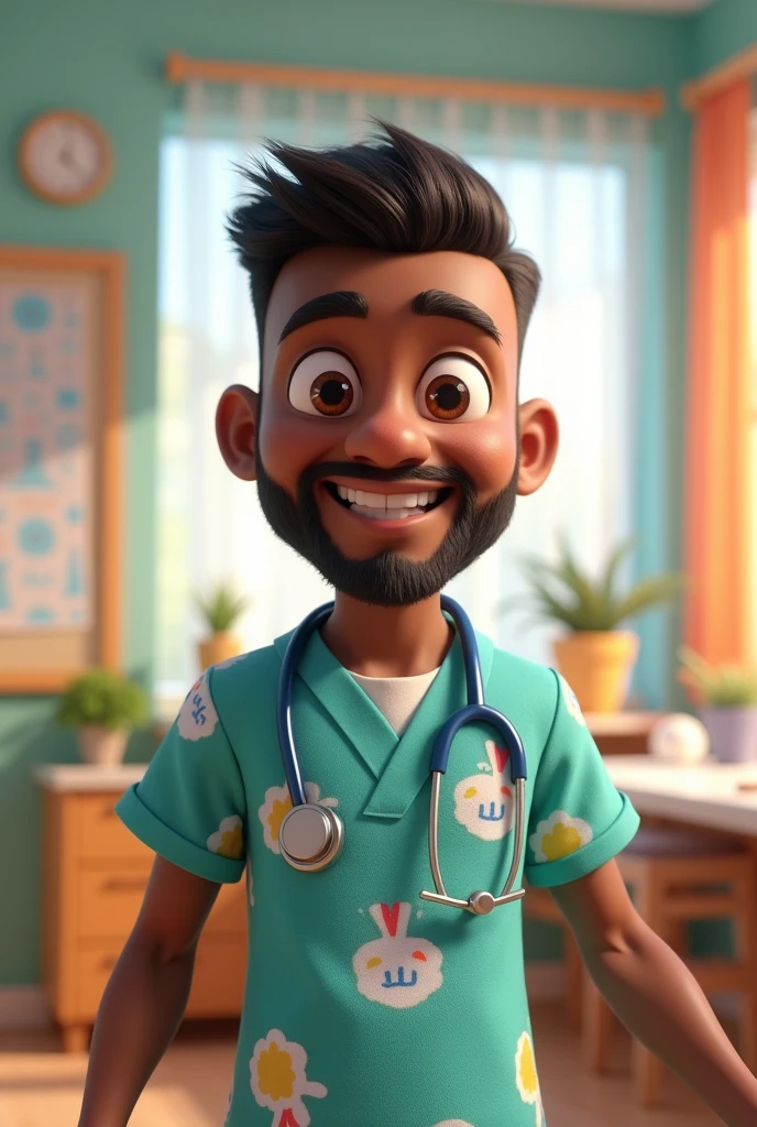 3d pixar image of a man with dark skin and short hair,very beautiful, He does not have a beard, He is a physiotherapist