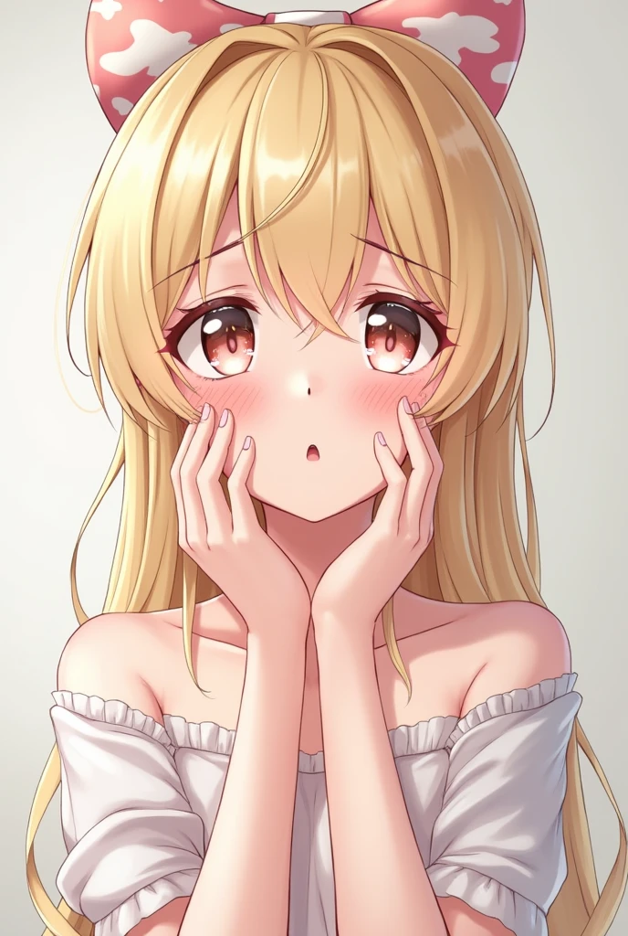 Create a beautiful anime girl with an embarrassed face and naked touching herself.