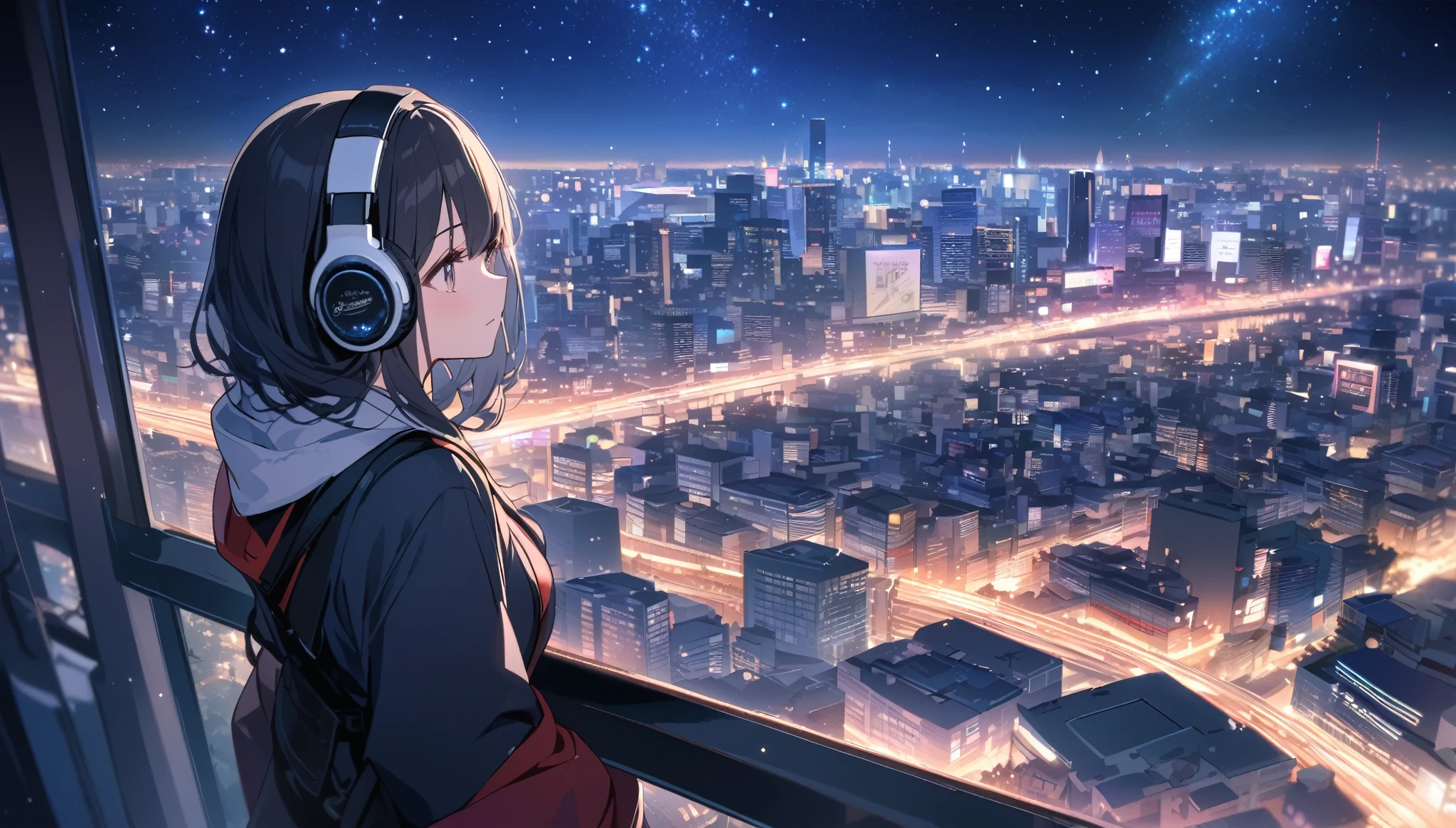 A woman looking at the city of Tokyo,Night starry sky,Streetscape、listen to music、Japanese