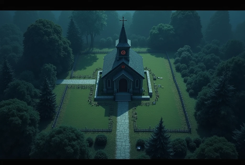 vampire the masquerade, map rpg, ((Map of a large cemetery, with a small church at middle)), game art, birdseye straight top-down shot from a drone, battlemap, current modern theme, seen from above, role-playing game, empty location, nighttime environment, (with realistic proportions and textures, intricate details, handdrawn, vibrant, cinematic lighting, masterpiece, 8k:1.2)