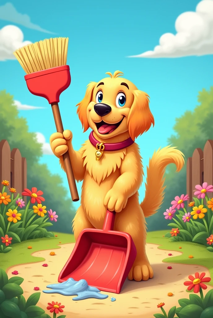 Dog sweeping his poop with a dustpan and broom