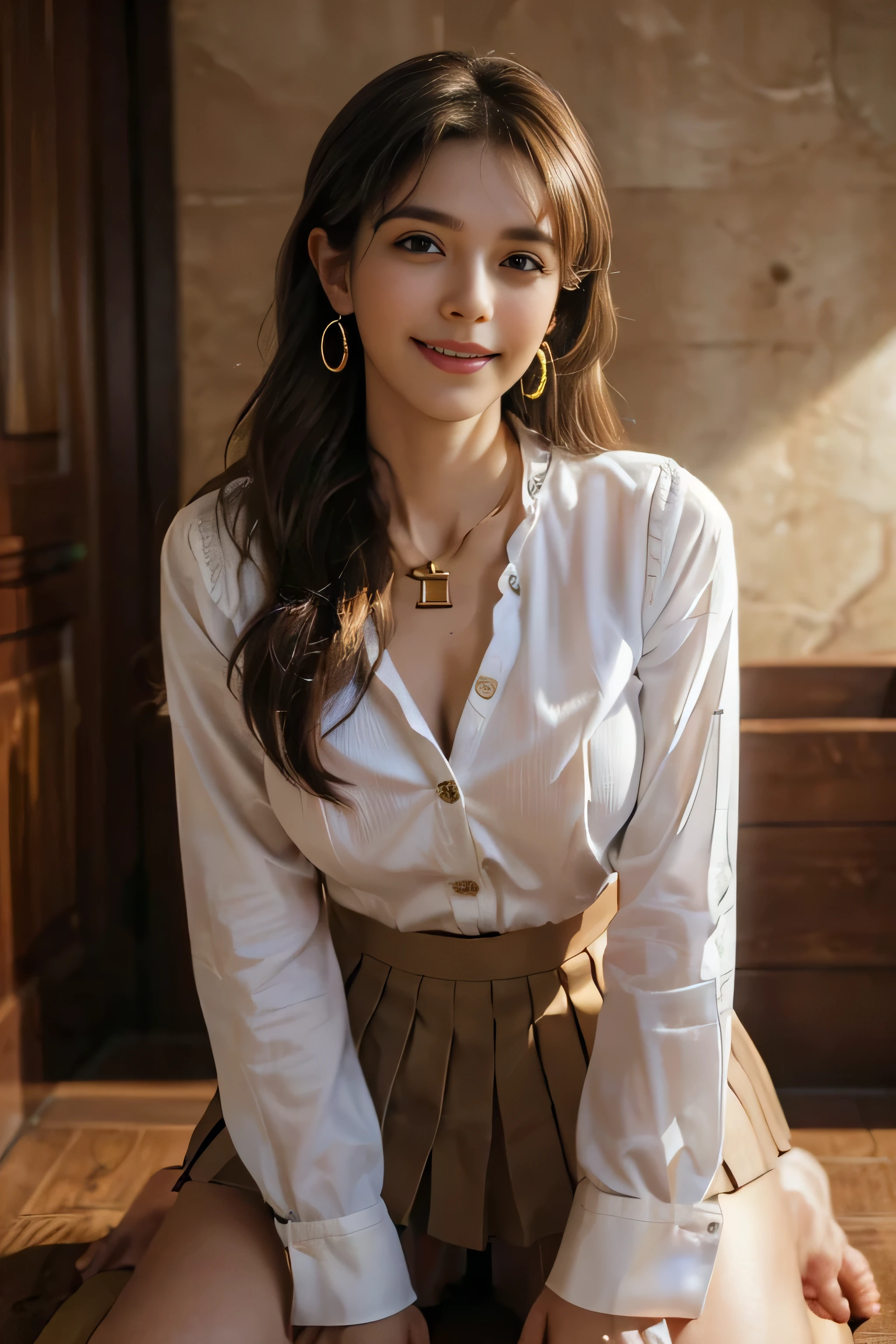 ((Beautiful girl:1.3)) Highest quality,masterpiece,Ultra-high resolution,(Realistic:1.4),RAW Photos,(Real skin texture:1.3),(Film Grain:1.3),Panorama,Portraits,Very wide shot,Tight waist,Cowboy Shot,(In the Dark, Deep Shadow, Modest, Cold Light,) night,(()),Tears flow,,Dust,Tyndall effect,(Performance),One person,Beautiful and detailed eyes and face,White Jabot,Brown eyes,((Brown Hair:1.2)) ((whole body:1.3)) ((smile:1.3))((Super long brown hair:1.2)),((Hair with loose waves inside:1.2)),((gold necklace_Large earrings:1.2)),((shy smile:1.3)),((mideum breasts:1.3)),,((full body portrait:1.4)),((In a crowded café at dusk:1.3))((Place your left hand gently on your chin,right hand holding chest:1.3)),((Sitting elegantly with crossed legs:1.5))((chest thrusting pose, chest bragging pose:1.4)), ((white long sleeve button up blouse,_brown pleated mini skirt,Put the shirt inside the skirt:1.3)),((kneeling down:1.3)),