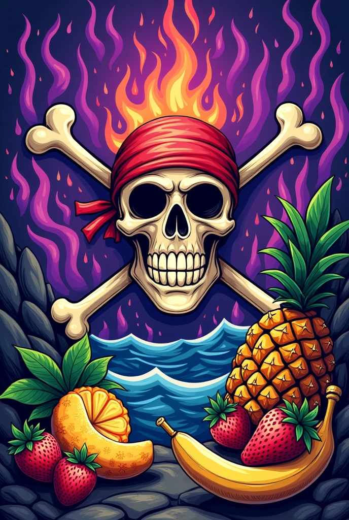 paint for me a pirate flag style of one piece with purple flames detailed and fruits