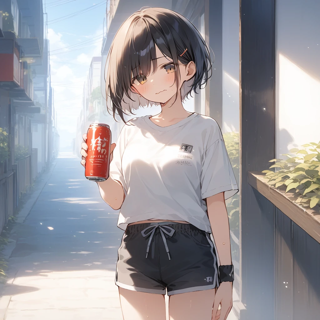 score_9, score_8_up, score_7_up, source_anime, best quality, masterpiece, official art, absurdres, highres, ultra-detailed,waifu2x,Collection: Slice of Life,break,1girl, sprightly girl, short hair, pixie cut, medium breasts, beautiful detailed eyes, sweat, gym shorts, wavy mouth, drink can, outdoors, wind, break,(clear line illustration:1.2), super detailed skin,very high resolution, very aesthetic, Best sexual lighting powered by famous artist, 8k, 16k, cute picture,beauty illustration,photoshop_(medium),,(Detailed Lighting),best anime 8k konachan wallpaper, pixiv contest winner,  artist:clamp ,artist:carnelian ,artist:kantoku ,