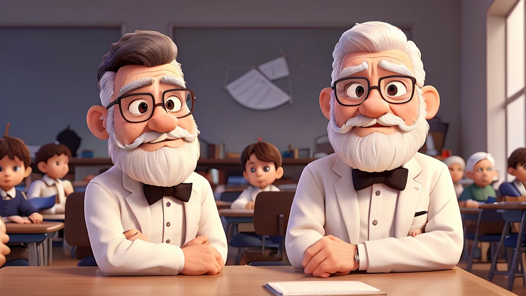 small man, he is with his family, profile picture position, short, moody, talkative, 70 years old, he has a white beard, white mustache, white hair, teacher, wearing white coat and bow tie, wears glasses, hands