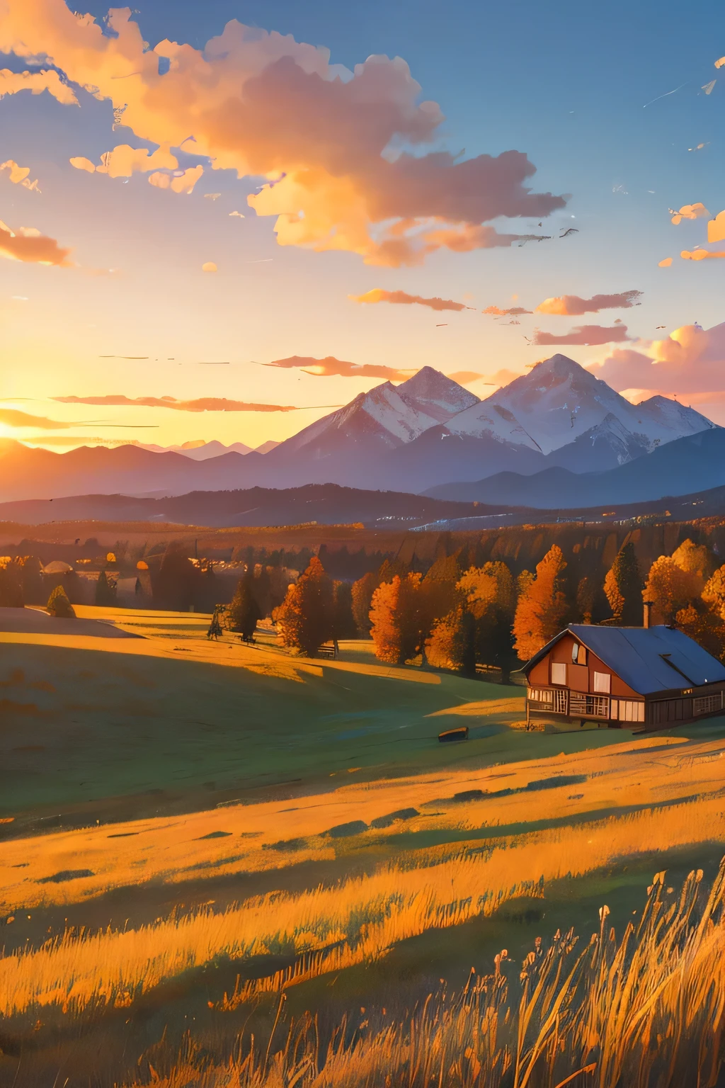 until, high quality, Panoramic view of a cabin in the distance in the middle of a grassy plain, covered by mountains in the background, evening sunset, with sky in orange tones, autumn afternoon, Beautiful landscape, vista desde una puntil plana que se extiende hasta que a lo lejos se divisa la cabaña con techo de dos tejas.