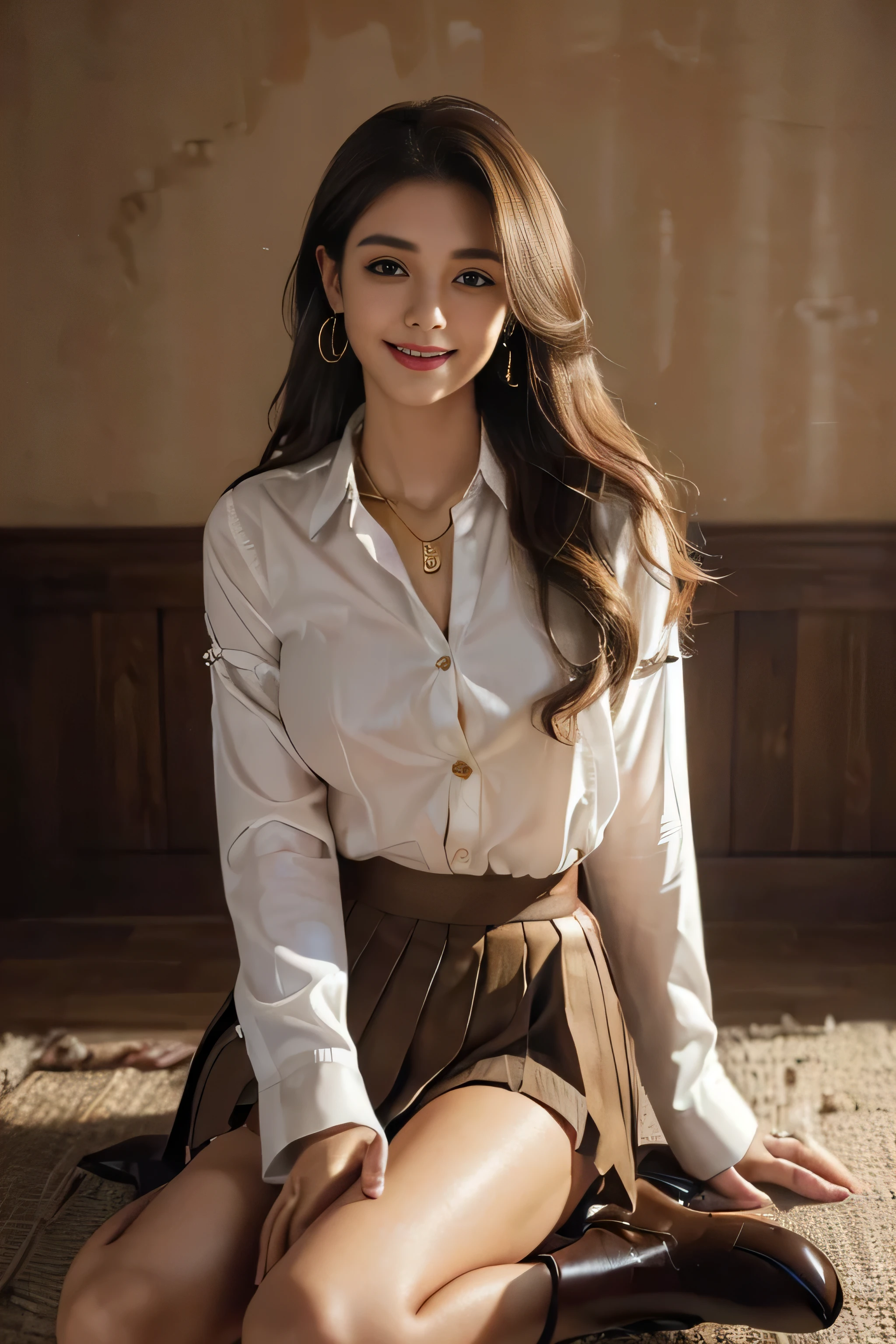 ((Beautiful girl:1.3)) Highest quality,masterpiece,Ultra-high resolution,(Realistic:1.4),RAW Photos,(Real skin texture:1.3),(Film Grain:1.3),Panorama,Portraits,Very wide shot,Tight waist,Cowboy Shot,(In the Dark, Deep Shadow, Modest, Cold Light,) night,(()),Tears flow,,Dust,Tyndall effect,(Performance),One person,Beautiful and detailed eyes and face,White Jabot,Brown eyes,((Brown Hair:1.2)) ((whole body:1.3)) ((smile:1.3))((Super long brown hair:1.2)),((Hair with loose waves inside:1.2)),((gold necklace_Large earrings:1.2)),((shy smile:1.3)),((mideum breasts:1.3)),,((full body portrait:1.4)),((In a crowded café at dusk:1.3))((Place your left hand gently on your chin,right hand holding chest:1.3)),((Sitting elegantly with crossed legs:1.5))((chest thrusting pose, chest bragging pose:1.4)), ((white long sleeve button up blouse,_brown pleated mini skirt,Put the shirt inside the skirt:1.3)), ((heels on the ground on:1.3)),