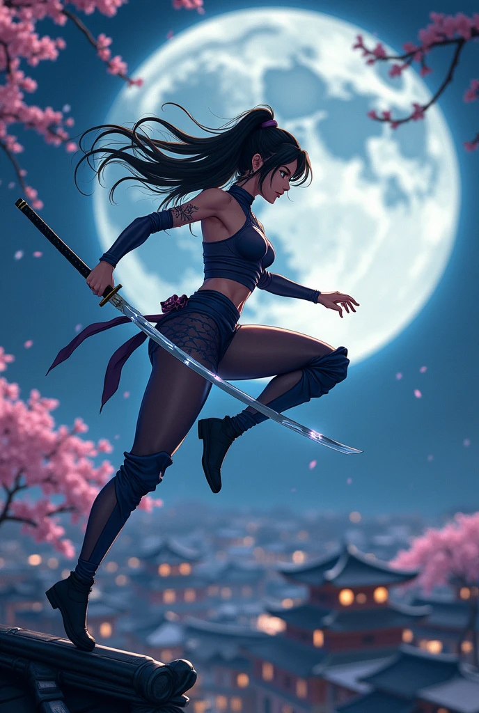 ((anime)) adult woman, (((ninja))), ((transparent see throught clothes, showing big breasts)), short ninja lighning blade in hand, jumping on a roof, face uncovered