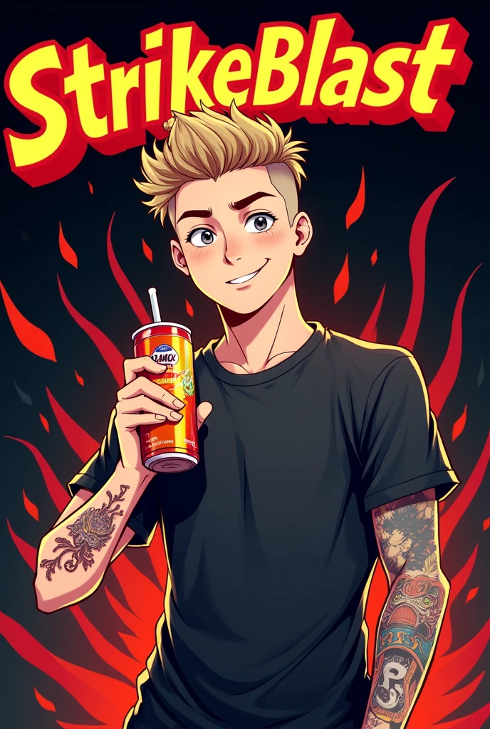 Create an image for stream anal with minimum dimensions of 128x128px and maximum of 3000x3000px that is cartoon style and has the word StrikeBlast written on it., with a dark but striking background but with a cartoonish teenage white man (Without beard) and funny but not gay, with black shirt, Light brown hair, slightly curly and shaved on the sides, with only a tattoo of a Tengu mask on his forearm, while having a soft drink