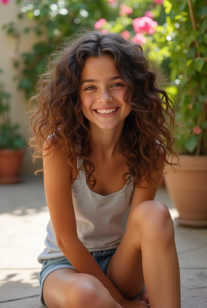 A brunette girl with curly hair and big breasts sits with her legs stretched out, taking a realistic photo
