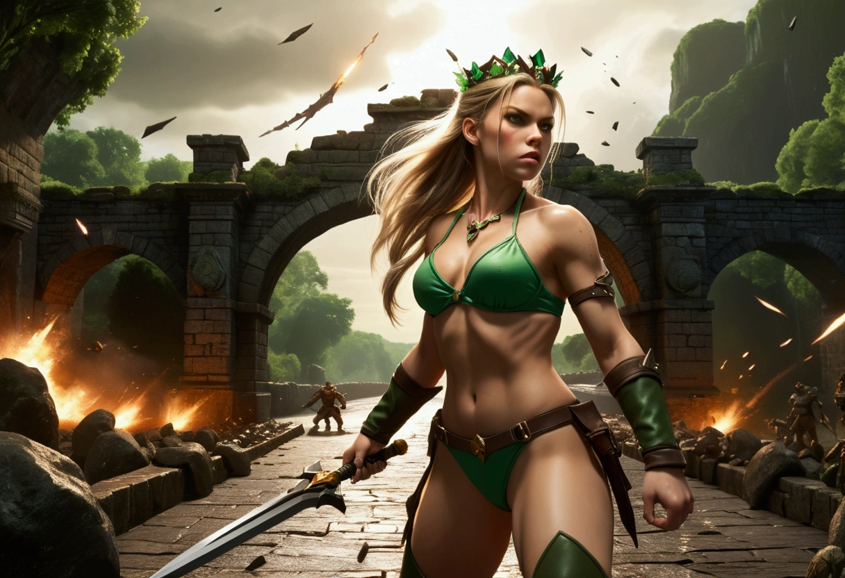 Cammy, wearing her signature green bikini, princess tiara, and light cape, holds two daggers as she faces off against an army of orcs on an ancient stone bridge. The scene is chaotic and action-packed, with explosions and debris flying through the air, lightning flashing across the sky, and Cammy in the midst of fierce combat. The style is highly detailed and realistic, with accurate textures and meticulous attention to detail making the image look almost like a photograph.