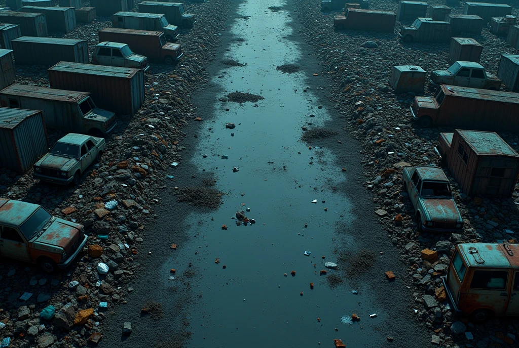 vampire the masquerade, map rpg, ((Map of a large junkyard, seen from afar, with huge piles of trash, and piles of metal, and piles of broken and rusty old cars.), game art, birdseye straight top-down shot from a drone, battlemap, current modern theme, seen from above, role-playing game, empty location, nighttime environment, (with realistic proportions and textures, intricate details, handdrawn, vibrant, cinematic lighting, masterpiece, 8k:1.2)