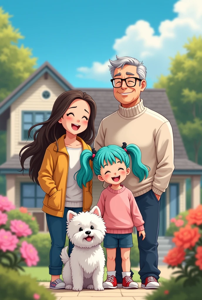 A family of 4 in anime style, a 40 year old mother, a 50 year old dad, a 15-year-old daughter and a 17-year-old son with a white Bichon Maltese dog