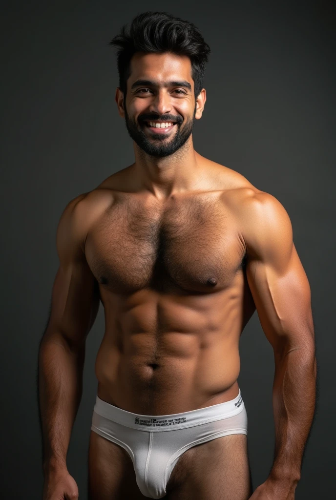 Handsome Shirtless Indian men Nude, age 28, smile, 53 inches fully hairy big Chest, Big men boobs, big nipples, 16 inches biceps, Hairy armpits, Abs, pubic hair, underwear, big bugle, private part visible 