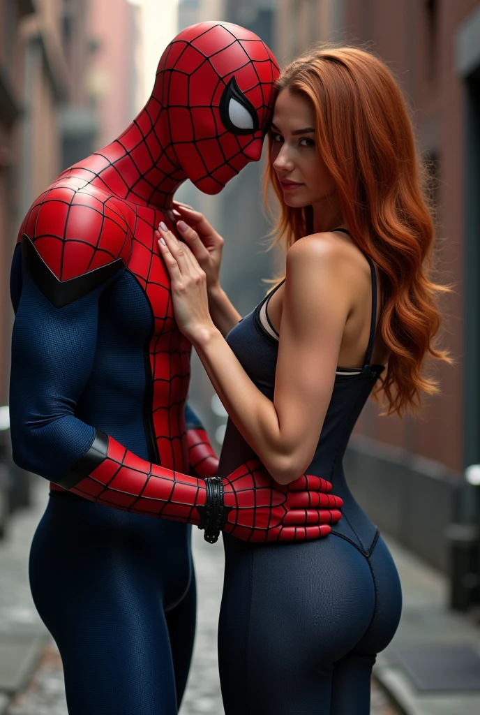 Spiderman is inserting his fingers in Mary Jane Watson’s vagina under her skirt, he is fingering her, she is in ecstasy,