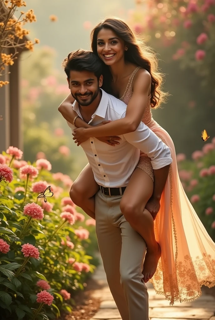 Create a elegant picture of actress Ileana D'Cruz piggyback lifting a man in piggyback style 