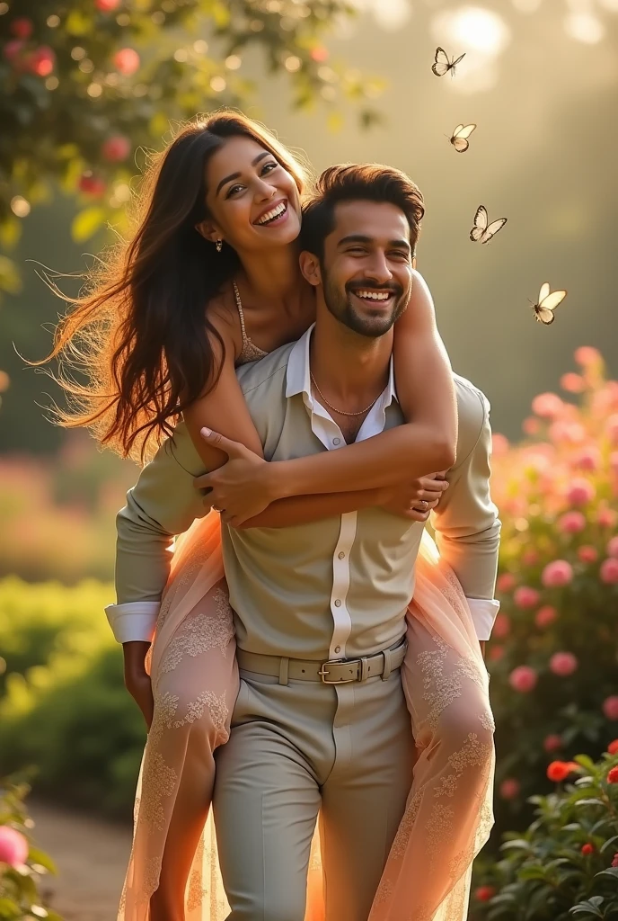 Create a elegant picture of actress Ileana D'Cruz piggyback lifting a man in piggyback style