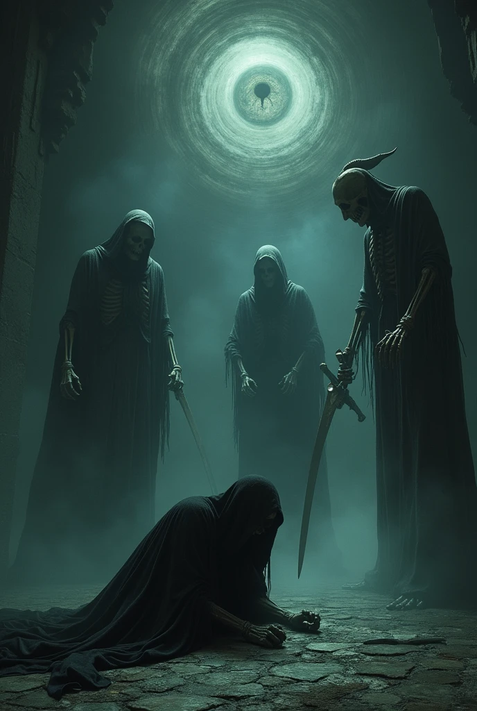 Hyperrealistic, Masterpiece, Volumetric Lighting, Subsurface Scattering, Photorealistic, best quality, intricate details, tonemapping, sharp focus, hyper detailed, absurdres, highres, magnetic allure, dark and mysterious, a pained and tormented cloaked figure on the floor as three skeletal demons raise their swords to kill them,reaching towards a bunch of humanoid demons from above, monsters from above, third eye in background like Sauron's eye, dark creepy background, tormented mind visualized as a spiraling path into the void, insanely detailed and intricate, hypermaximalist, elite, horror, creepy, ominous, haunting, matte painting, cinematic, cgsociety, erotic Horror by ZdzisBaw BeksiDski,8k,g uiguai, BREAK, (masterpiece:1.2), best quality, high resolution, unity 8k wallpaper, (illustration:0.8),  extremely detailed face, perfect lighting, extremely detailed CG, (perfect hands, perfect anatomy), zwd, winged demon hovering above with serpents surrounding his sword, cyber sigilism, fantasy horror, diptych art