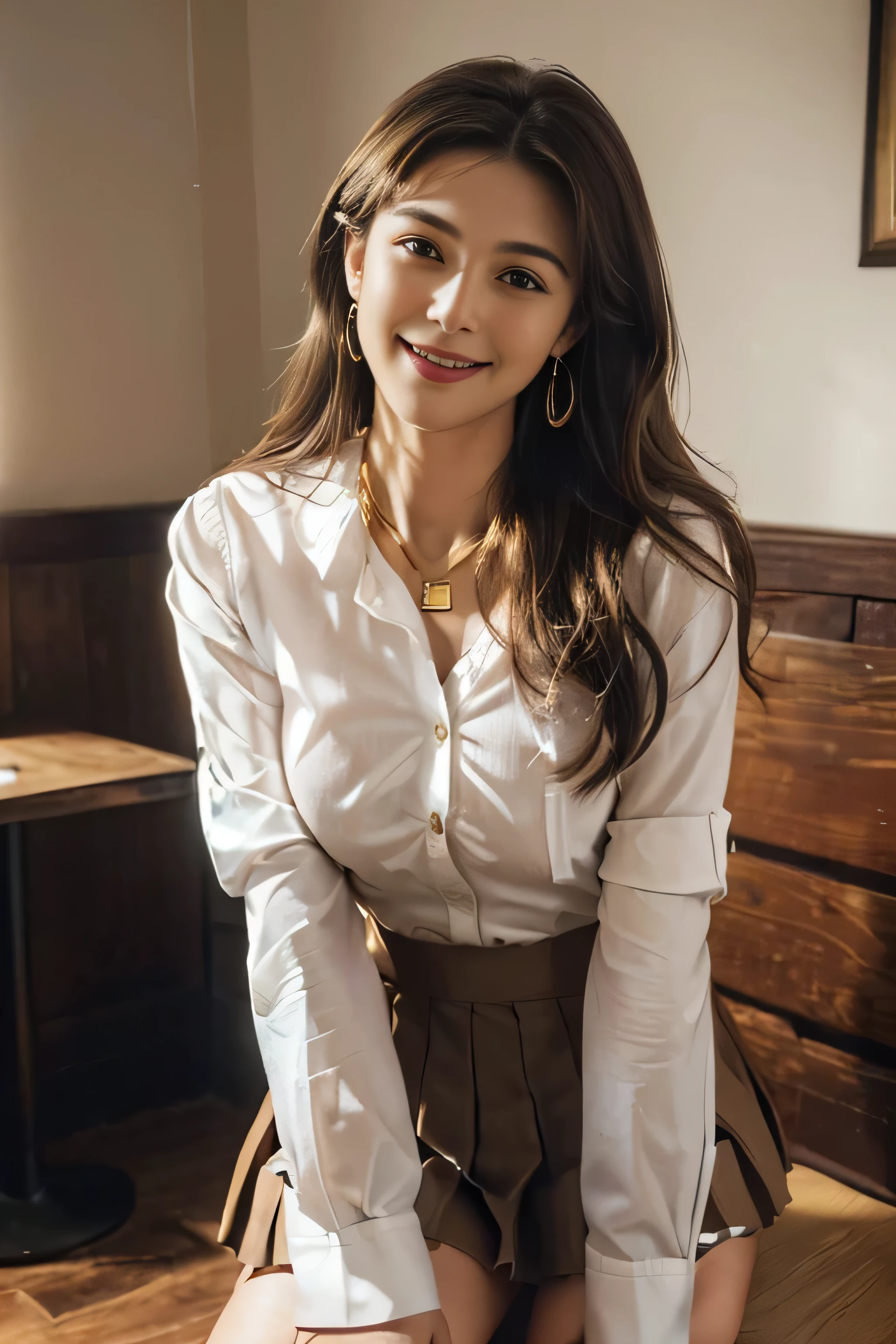((Beautiful girl:1.3)) Highest quality,masterpiece,Ultra-high resolution,(Realistic:1.4),RAW Photos,(Real skin texture:1.3),(Film Grain:1.3),Panorama,Portraits,Very wide shot,Tight waist,Cowboy Shot,(In the Dark, Deep Shadow, Modest, Cold Light,) night,(()),Tears flow,,Dust,Tyndall effect,(Performance),One person,Beautiful and detailed eyes and face,White Jabot,Brown eyes,((Brown Hair:1.2)) ((whole body:1.3)) ((smile:1.3))((Super long brown hair:1.2)),((Hair with loose waves inside:1.2)),((gold necklace_Large earrings:1.2)),((shy smile:1.3)),((mideum breasts:1.3)),,((full body portrait:1.4)),((In a crowded café at dusk:1.3))((Place your left hand gently on your chin,right hand holding chest:1.3)),((Sitting elegantly with crossed legs:1.5))((chest thrusting pose, chest bragging pose:1.4)), ((white long sleeve button up blouse,_brown pleated mini skirt,Put the shirt inside the skirt:1.3)), ((Move your center of gravity back:1.3)),