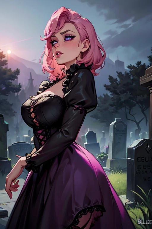 A pink haired woman with violet eyes, hourglass figure, Gothic rockabilly dress, blushing in cemetery, detailed face, intricate dress, dark graveyard background, moody lighting, dramatic atmosphere, photorealistic, high quality, hyper detailed