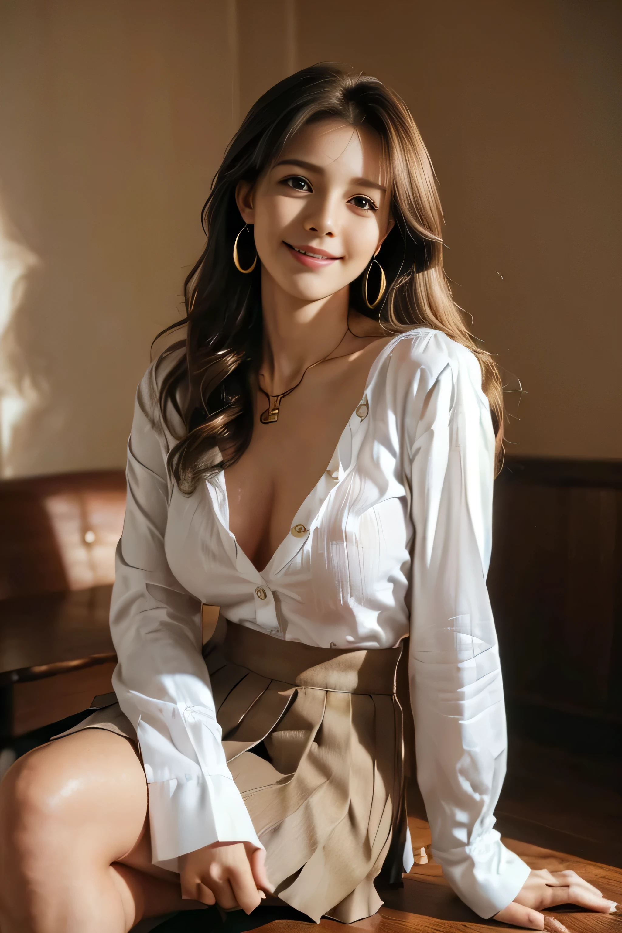 ((Beautiful girl:1.3)) Highest quality,masterpiece,Ultra-high resolution,(Realistic:1.4),RAW Photos,(Real skin texture:1.3),(Film Grain:1.3),Panorama,Portraits,Very wide shot,Tight waist,Cowboy Shot,(In the Dark, Deep Shadow, Modest, Cold Light,) night,(()),Tears flow,,Dust,Tyndall effect,(Performance),One person,Beautiful and detailed eyes and face,White Jabot,Brown eyes,((Brown Hair:1.2)) ((whole body:1.3)) ((smile:1.3))((Super long brown hair:1.2)),((Hair with loose waves inside:1.2)),((gold necklace_Large earrings:1.2)),((shy smile:1.3)),((mideum breasts:1.3)),,((full body portrait:1.4)),((In a crowded café at dusk:1.3))((Place your left hand gently on your chin,right hand holding chest:1.3)),((Sitting elegantly with crossed legs:1.5))((chest thrusting pose, chest bragging pose:1.4)), ((white long sleeve button up blouse,_brown pleated mini skirt,Put the shirt inside the skirt:1.3)), ((Move your center of gravity back:1.3)),