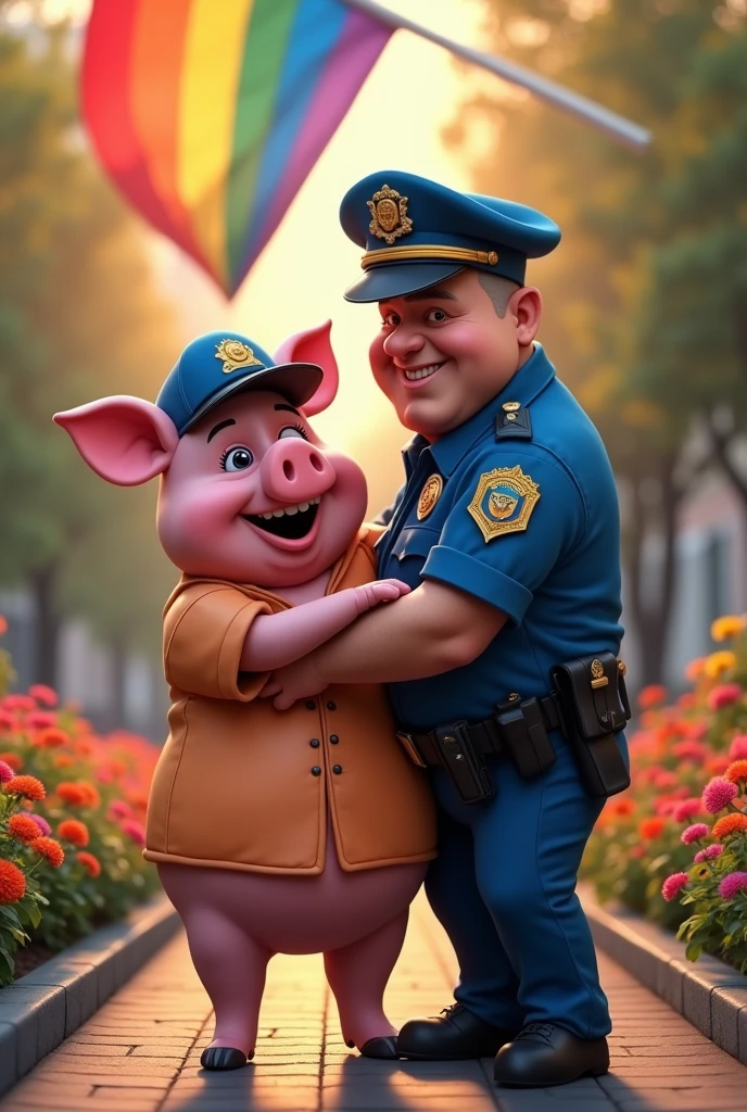 Make me a pig dressed as a security guard who is hugging a high-ranking human police officer and the gay flag is flying