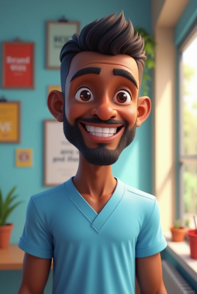 3d pixar image of a man with dark skin and very short hair, very beautiful, on his face he does NOT have a beard, He is a physiotherapist