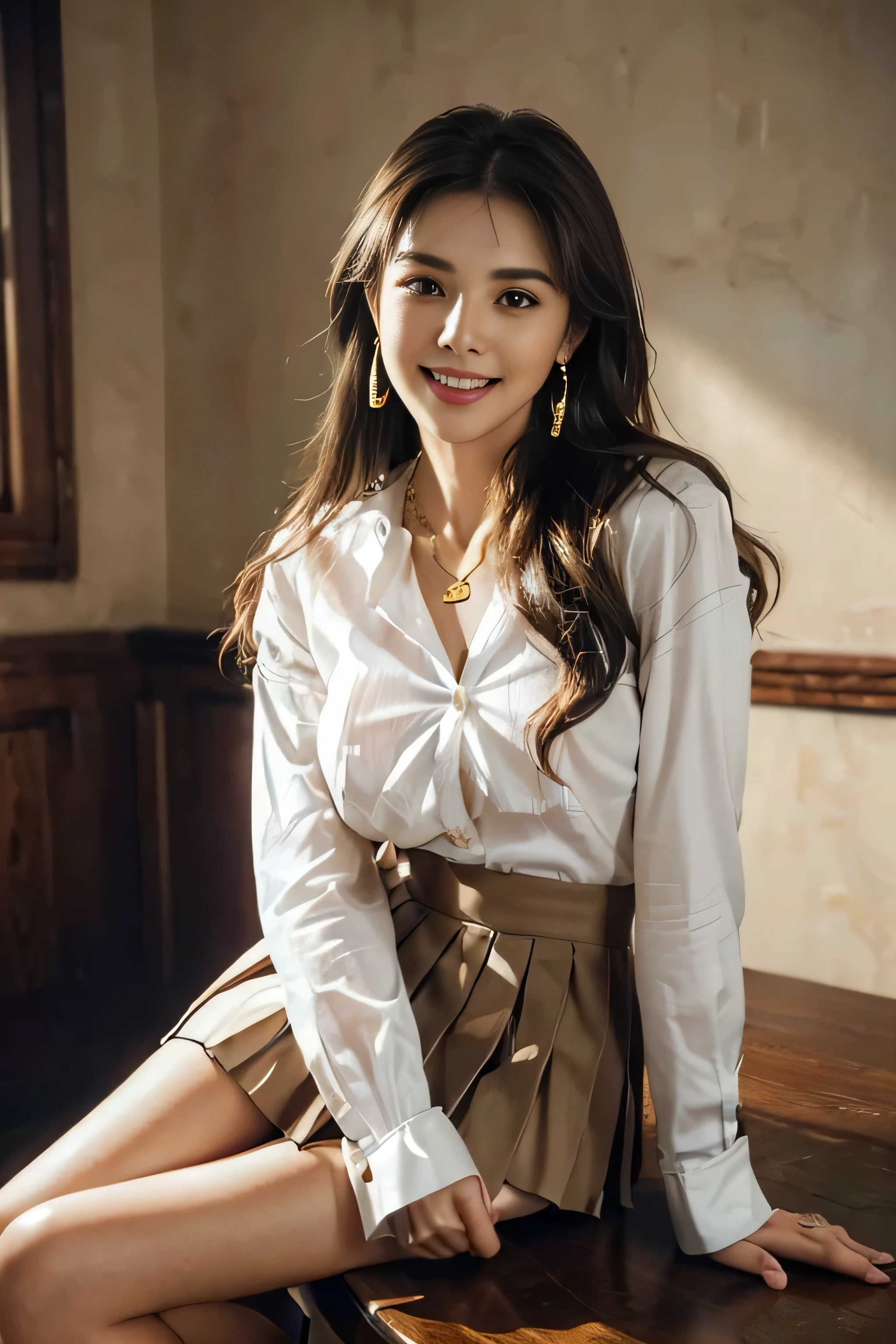 ((Beautiful girl:1.3)) Highest quality,masterpiece,Ultra-high resolution,(Realistic:1.4),RAW Photos,(Real skin texture:1.3),(Film Grain:1.3),Panorama,Portraits,Very wide shot,Tight waist,Cowboy Shot,(In the Dark, Deep Shadow, Modest, Cold Light,) night,(()),Tears flow,,Dust,Tyndall effect,(Performance),One person,Beautiful and detailed eyes and face,White Jabot,Brown eyes,((Brown Hair:1.2)) ((whole body:1.3)) ((smile:1.3))((Super long brown hair:1.2)),((Hair with loose waves inside:1.2)),((gold necklace_Large earrings:1.2)),((shy smile:1.3)),((mideum breasts:1.3)),,((full body portrait:1.4)),((In a crowded café at dusk:1.3))((Place your left hand gently on your chin,right hand holding chest:1.3)),((Sitting elegantly with crossed legs:1.5))((chest thrusting pose, chest bragging pose:1.4)), ((white long sleeve button up blouse,_brown pleated mini skirt,Put the shirt inside the skirt:1.3)), ((knees at 90 degrees:1.3)),