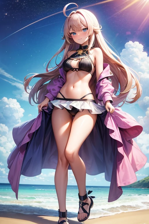 ((best quality)), ((masterpiece)), (detailed), 4 people, 4 girls gathered on the beach, photo pose, a girl, full body, 20 years old, young adult, happy face, smile, young adult, tall, blue eyes, long blonde hair, hair ornaments, star hair ornaments, bangs, big breasts, sexy purple bikini, bikini with stars, seductive legs, a girl, full body, 20 years old, young adult, surprised face, young adult, tall, green eyes, short pink hair, bangs, medium breasts, sexy blue bikini, seductive legs, sexy legs, a girl, full body, 19 years old, angry face, young adult, somewhat short stature, purple eyes, brown hair, slightly wavy hair, long hair, bangs, blush, very small breasts, sexy white bikini with skirt, seductive legs, a girl, full body, , young adult, embarrassed face, tall, gray eyes, long hair white, spiky hair, ahoge, bangs covering her right eye, very small breasts, flat chest, sexy black bikini, seductive legs, beach background, looking at me, anime