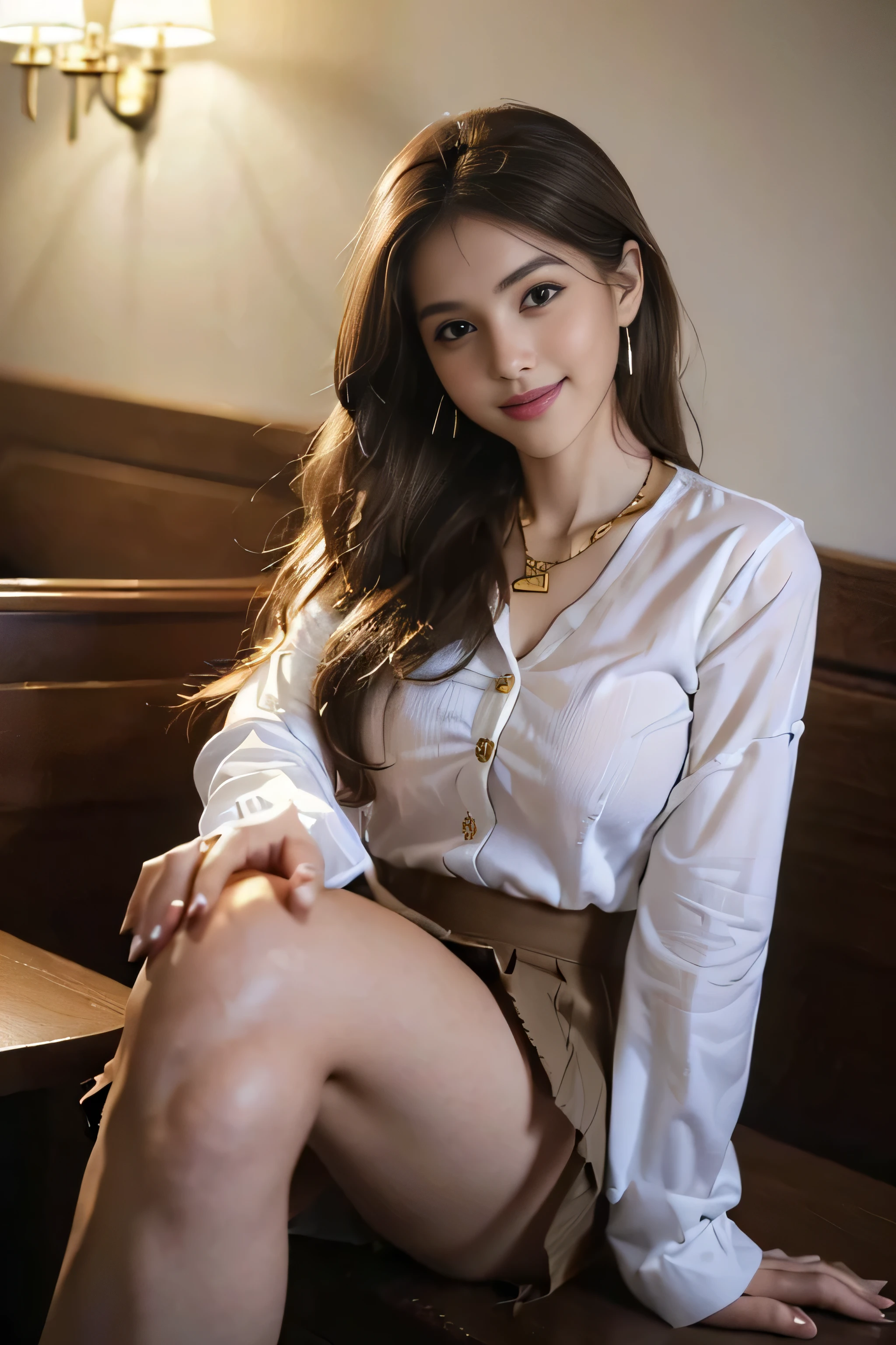 ((Beautiful girl:1.3)) Highest quality,masterpiece,Ultra-high resolution,(Realistic:1.4),RAW Photos,(Real skin texture:1.3),(Film Grain:1.3),Panorama,Portraits,Very wide shot,Tight waist,Cowboy Shot,(In the Dark, Deep Shadow, Modest, Cold Light,) night,(()),Tears flow,,Dust,Tyndall effect,(Performance),One person,Beautiful and detailed eyes and face,White Jabot,Brown eyes,((Brown Hair:1.2)) ((whole body:1.3)) ((smile:1.3))((Super long brown hair:1.2)),((Hair with loose waves inside:1.2)),((gold necklace＿Large earrings:1.2)),((shy smile:1.3)),((mideum breasts:1.3)),,((full body portrait:1.4)),((In a crowded café at dusk:1.3))((Place your left hand gently on your chin，right hand holding chest:1.3)),((Sitting elegantly with crossed legs:1.5))((chest thrusting pose, chest bragging pose:1.4)), ((white long sleeve button up blouse,_brown pleated mini skirt,Put the shirt inside the skirt:1.3)),  ((knees at 90 degrees:1.3)), 