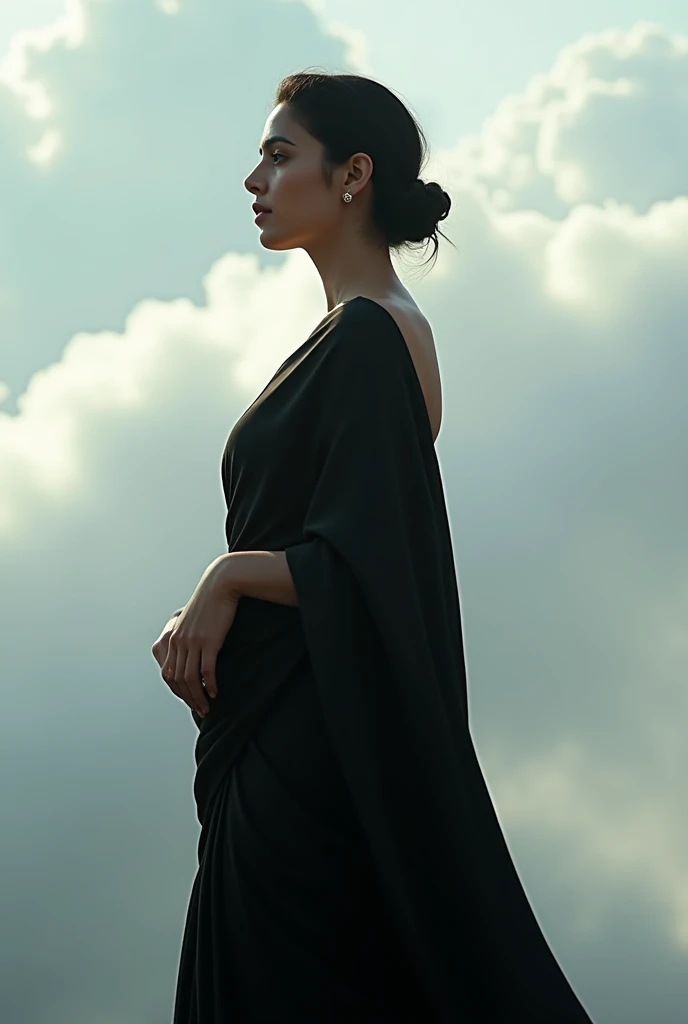 Tamanna bhatia with pale skin,cloud, wearing lose off black saree, showing hips, no sun light, no lose hair, pinned hair, raw photo, big tits, realistic picture, realistic skin, ultra detailed, photoshoot